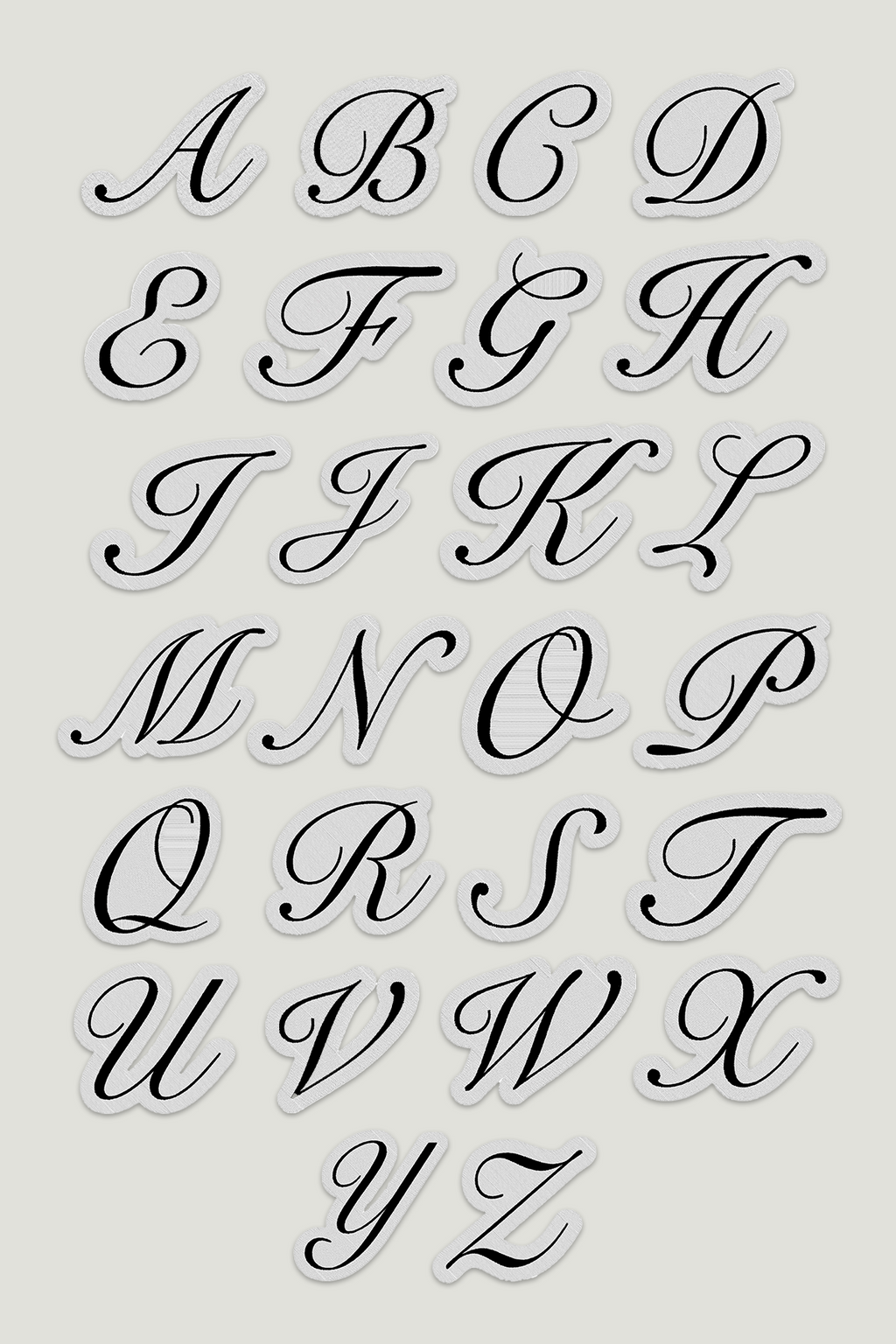 Calligraphy script black alphabet letters with a thick white outline from A to Z on a light gray background