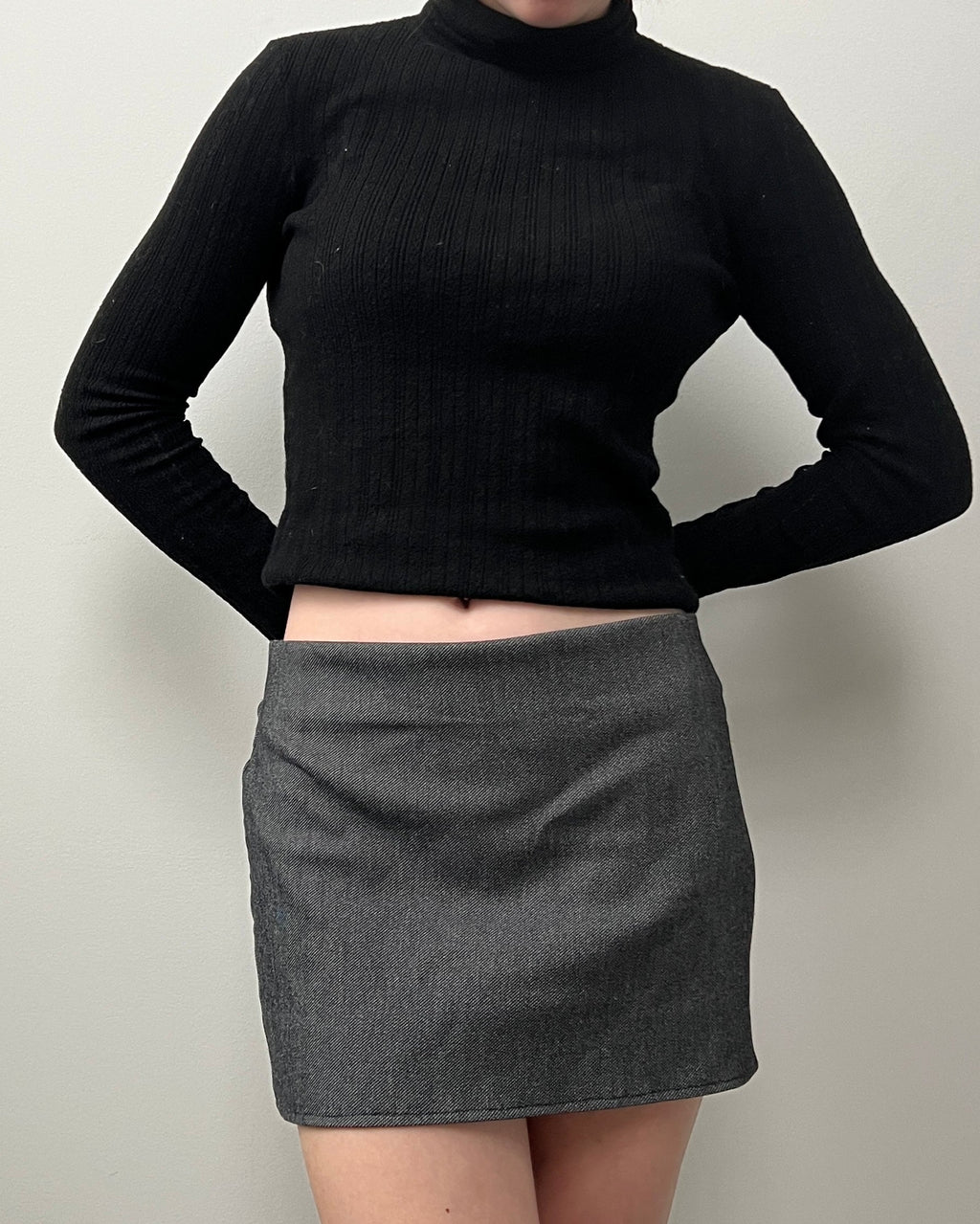 A female wearing a black turtleneck top and a dark gray mini skirt.