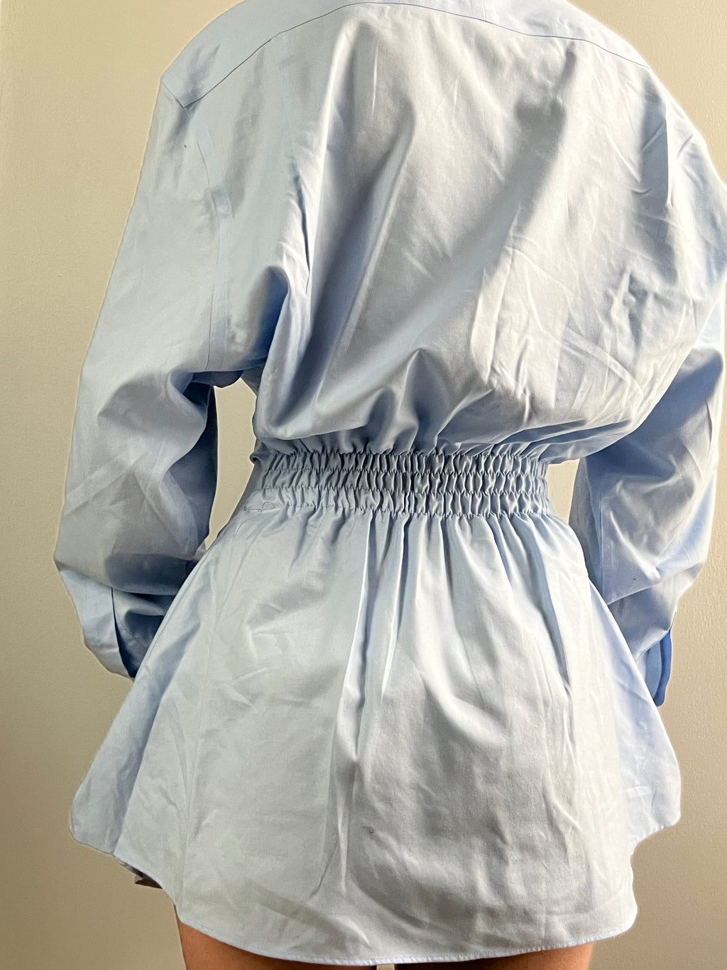 Female wearing a blue button down blouse with a cinched back.