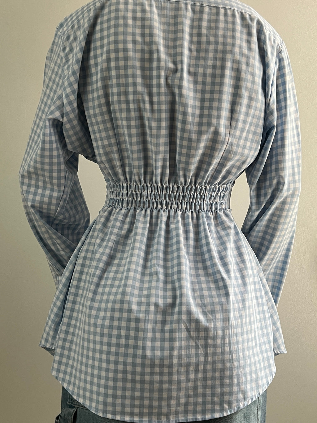 Female wearing a baby blue gingham button down blouse with a cinched elastic back facing back.