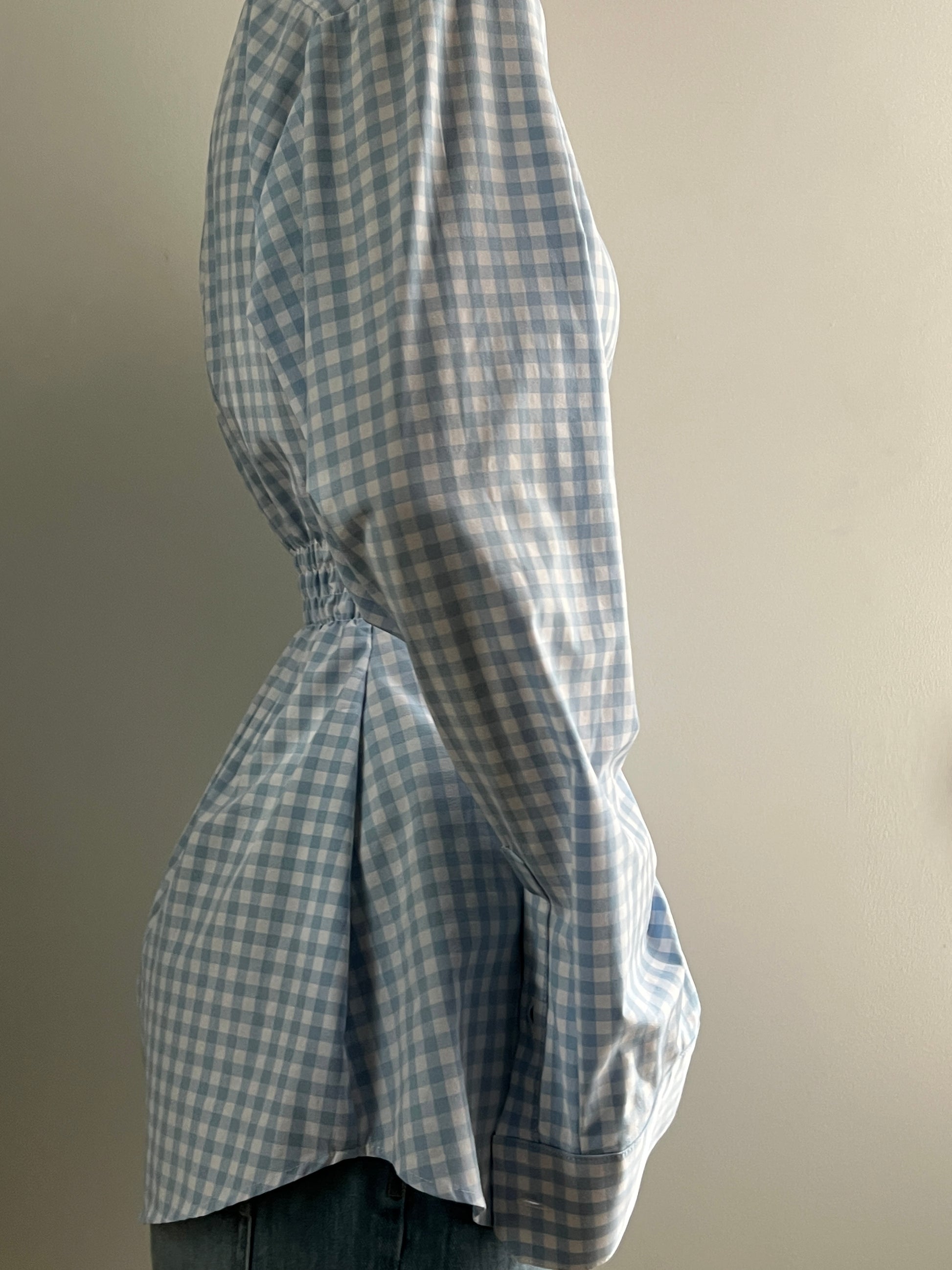 Female wearing a baby blue gingham button down blouse with a cinched elastic back facing right.
