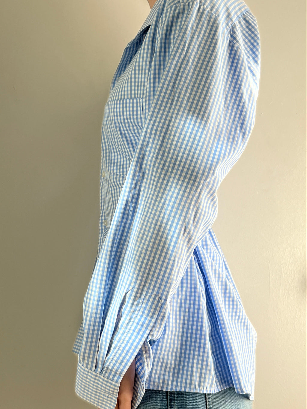 Female wearing a baby blue gingham button down blouse with a cinched elastic back facing left.