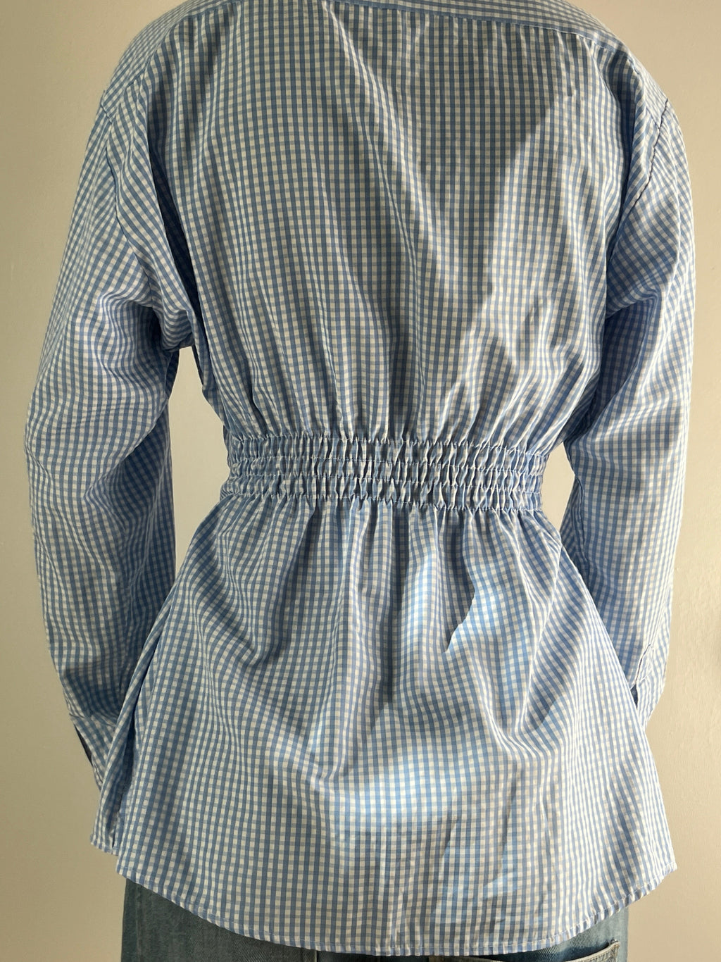 Female wearing a baby blue gingham button down blouse with a cinched elastic back facing back.